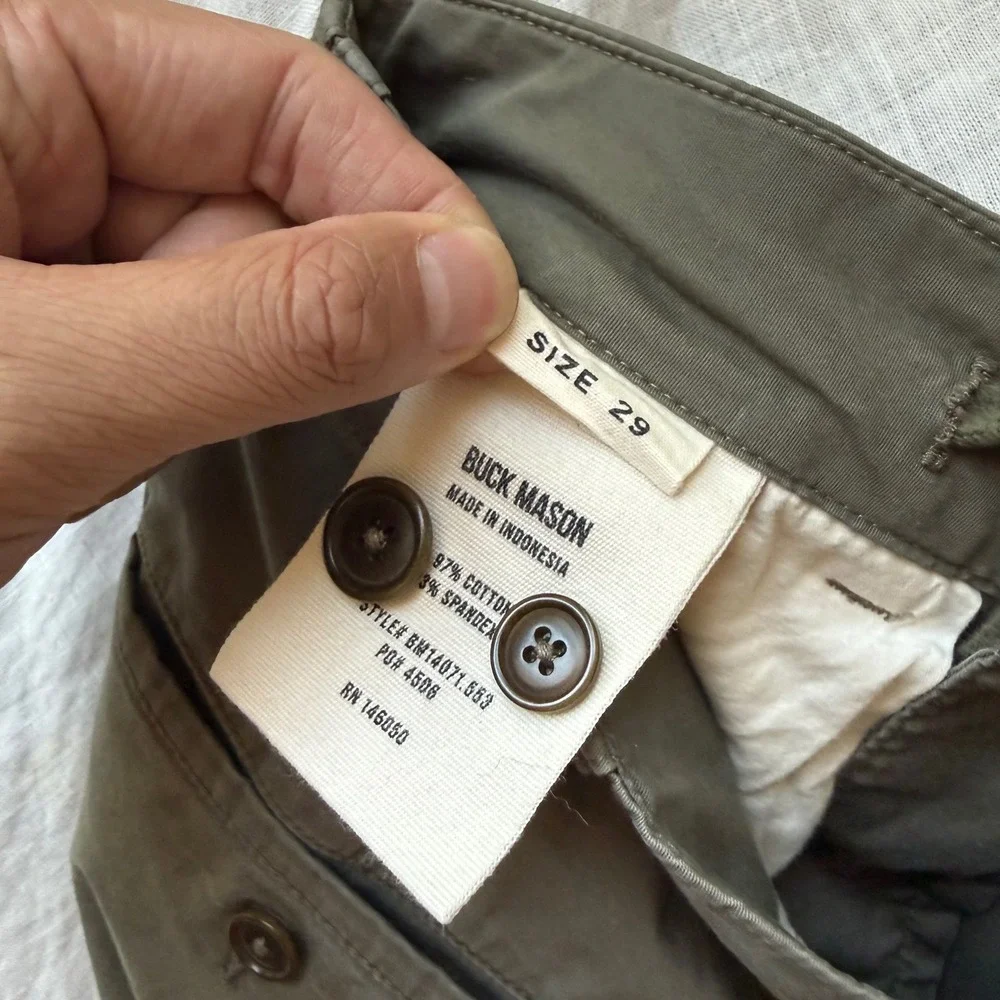 BUCK MASON khaki olive green cotton blend slim straight leg pants